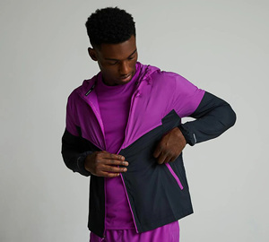 Men's Hooded <b>Windbreaker</b> Jacket Color Blocking Purple <b>Black</b> Zipper Closure Sporty Outdoor Wear Autumn Polyester Material - Product Image 2