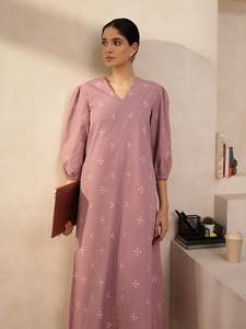 O-Neck <b>Three</b> Quarter Sleeve Midi Dress With Dot Print Puff Sleeve Loose Fit 100% Cotton Casual All Seasons Wear - Product Image 4