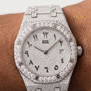 Montre de luxe à quartz en acier inoxydable, chronographe ETA squelette noir entièrement pavé de moissanite, chiffres arabes, verre cristal, à poussoir - Product Image 4