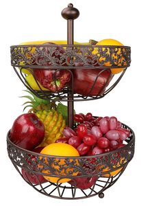 Luxury 2 Tier Metal Fruit <b>Basket</b> <b>Stand</b> Decorative Countertop Fruit Holder Vintage Scrollwork Design Kitchen Dining Organizer - Product Image 2