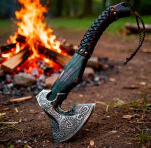 Handcrafted Viking Hatchet with Carbon Steel Blade and Wood <b>Handle</b> for Outdoor Survival Use - Product Image 4