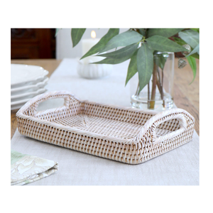 Plateau de service en rotin naturel de qualité supérieure, fabriqué à la main, avec poignées en bois, organisateur de cuisine durable en rotin pour plateaux décoratifs - Product Image 1