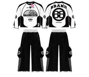 ชุดเสื้อยืดสตรีทแวร์สไตล์วินเทจแบบทำสีซีด  คุณภาพสูง ผ้าฝ้าย 100%  ลายกราฟิก  แบบครอป  พร้อมกางเกงขายาวสำหรับผู้ชาย - Product Image 1