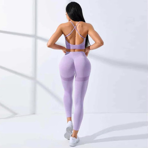 Custom Made Yoga Sets For Women's Knitted High Impact Sports Bra With Stretchable Pant Workout Compression Two Piece Sets - Product Image 2