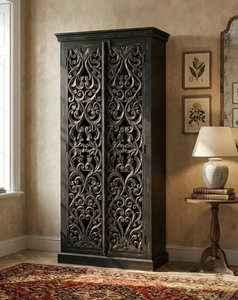 Armoire moderne noire en teck massif sculpté à la main, portes doubles, étagères réglables, pour chambre, appartement, hôtel, maison - Product Image 1