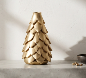 Figurine de sapin de Noël en aluminium moulé finition or de luxe, vase festif à pétales superposés métalliques, décoration intérieure de vacances - Product Image 3