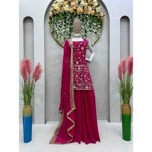 Hermoso Conjunto de Chifón Rosa Oscuro para Mujer, con Top, Pantalón y Dupatta, para Fiestas, Adornado con Hilos y Lentejuelas, Talla XL - Product Image 4