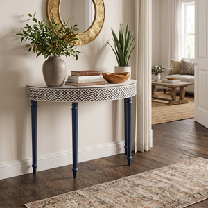 Table console multifonctionnelle réglable en hauteur, en bois massif, avec incrustations en os et motif en treillis de diamants, faite à la main, pour salon - Product Image 1
