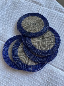 Set of 6 Vintage Beaded <b>Coasters</b>, Blue <b>Silver</b> Tribal Boho Decor - Product Image 3