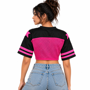 Camiseta Deportiva de Fútbol para Mujer, Personalizada con Logotipo y Número, Negra y Rosa, Corta, de Malla, Estilo Urbano, Cuello en V, Colorblock - Product Image 2