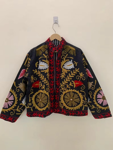 Hand Embroidered Cotton Filled Suzani Velvet Bomber Jacket <b>Reversible</b> Vintage Boho Short <b>Coat</b> Colorful Ethnic Spring/Summer - Product Image 1