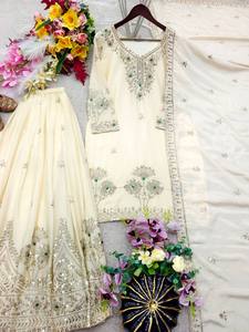 Élégant ensemble salwar en soie brodée blanche avec dupatta, longueur ras du sol, tenue traditionnelle indienne et pakistanaise pour femmes, toutes saisons - Product Image 4
