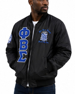 เสื้อแจ็คเก็ตบอมเบอร์กันน้ำสำหรับฤดูหนาว สีดำ ยูนิเซ็กซ์ ยี่ห้อ Phi Beta Sigma ผลิตจากโพลีเอสเตอร์ 100% น้ำหนัก 220 กรัม ปักอักษรกรีก กันลม ซิปด้านหน้า - Product Image 3