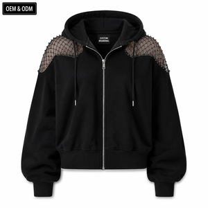 Custom Mesh Panel <b>Zip</b> <b>Up</b> Hoodie OEM ODM Private Label Womens <b>Cropped</b> Streetwear Hoodie Wholesale Manufacturer - Product Image 1