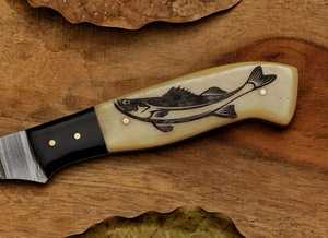 12 Inches Hand-Forged Damascus Steel Fillet Knife | Custom Camel Bone & <b>Black</b> Horn Handle Hunting Knife with Brass Pins - Product Image 2