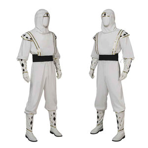 Costume de ninja blanc à capuche une pièce, bordure dorée, ceinture noire pour adultes, unisexe, coupe régulière, 100% coton extensible - Product Image 2