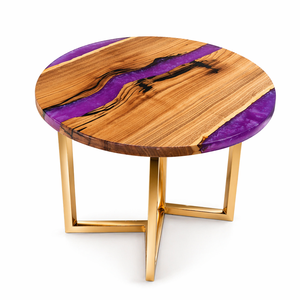 Mesa de Centro Redonda de Madera Maciza con Resina Epoxi Hecha a Mano, Base de Acero Dorado, Muebles de Lujo para Sala de Estar - Product Image 4