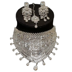 Ensemble de colliers choker élégants faits à la main en argent afghan style Polki Diamond à deux couches avec des motifs floraux assortis - Product Image 1