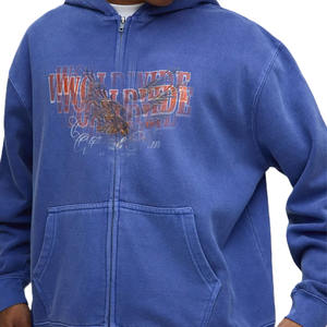 Sudadera con capucha azul lavado para hombre, con cremallera completa, de algodón y forro polar, corte holgado, con estampado gráfico frontal y marca personalizada para fabricación OEM - Product Image 3