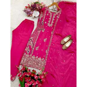 Superbe haut de mariage rose foncé brodé à manches longues et col carré avec dupatta pour soirée, orné de sequins, 100 % polyester - Product Image 5