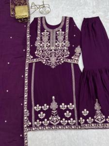 Elegant Pure Chinnon <b>Silk</b> <b>Fabric</b> Top with Dupatta Set and Sharara Ready to Wear Women Wedding Party Designer Ethnic Wear - Product Image 3