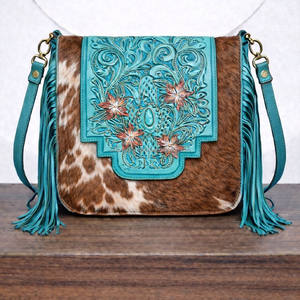 2026 Cowhide Fur Leather Handmade Carving Tooled Leather Fringe Handbag New Arrival Gypsy <b>Boho</b> Vintage Cross Body Stylish <b>Bags</b> - Product Image 4