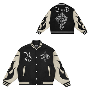Chaqueta Varsity Personalizada para Hombre, Color Negro Crema, Bordado de Llamas, Estilo Urbano, Cuello Madrid, Corte Regular, Chaqueta Varsity de Lana para Estudiantes - Product Image 1