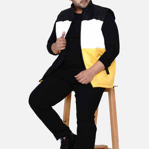 Chaleco Acolchado Tricolor Negro, Blanco y Amarillo para Hombre, Chaleco Acolchado de Poliéster con Bloques de Color, Sin Mangas, Cuello Alto, Térmico y Duradero - Product Image 5