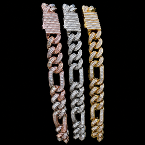 High Demand Trendy Design Baguette Cubic Zirconia Diamond Two Tone Full Iced Cuban Link Hip Hop 18K <b>Solid</b> Gold Unisex Chain - Product Image 5