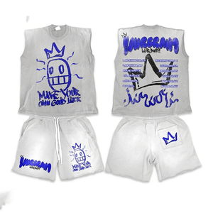 Premium 260 GSM Cotton Fleece Sleeveless Shorts Set Vintage Wash Rhinestone <b>Studded</b> Graphic Print Custom Logo Sleeveless - Product Image 6