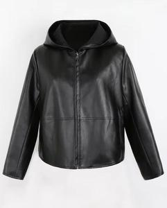 <b>Men's</b> Black PU Leather Hooded Bomber Jacket Waterproof Zipper Closure Front Logo Color Blocking Casual Short Sleeve Winter Wear - Product Image 1