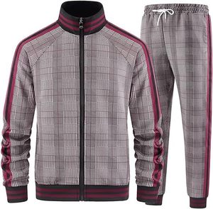 Men Plaid Tracksuit Full Length Zipper Fly Casual Autumn Polyester Cotton <b>Pants</b> Set With Side Pockets - Product Image 6