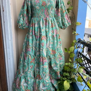 Hand Block Printed Indian Cotton Dress 100% Cotton Long Gown with Floral Embroidery Square Collar <b>Tunics</b> Dress For Women - Product Image 1