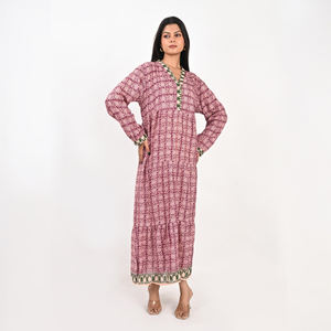 Robe pour femmes à imprimé floral en coton, col en V, manches longues, décontractée, mode estivale, taille ajustable, style bohème, robe tendance pour femmes - Product Image 1