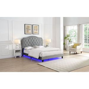 Letto in Velluto Grigio Chiaro con LED, Design Curvo Trapuntato a Bottoni, Facile Montaggio, Robusto Supporto a Doghe in Legno, Letti Imbottiti - Product Image 3