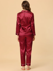 Ensemble de pyjama boutonné en satin Vêtements de nuit respirants et doux avec motif solide pour l'été, l'automne et le printemps - Product Image 2