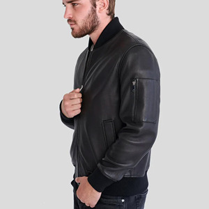 Chaqueta Bomber de Cuero Genuino Negro para Hombre, Estilo MA-1, Corte Ajustado, Piel de Oveja Suave, Prenda Exterior Casual Urbana - Product Image 4