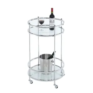 Chariot de bar roulant à 2 niveaux en métal argenté rond de 20 pouces avec étagères en verre et roulettes pour la cuisine, la salle à manger, le service de boissons - Product Image 5