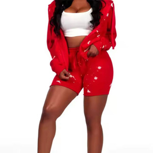 Ensemble deux pièces personnalisé pour femme, imprimé éclaboussures de peinture, sweat à capuche court entièrement zippé et short, vente en gros, tenue décontractée streetwear et loungewear - Product Image 4