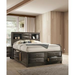 Contemporary Queen Captain Platform Bed with <b>Bookcase</b> Shelves and Side Storage <b>Solid</b> <b>Wood</b> Grey Bedroom Furniture - Product Image 3