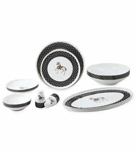 Service de table de luxe 29 pièces en porcelaine fine – Blanc classique avec bordure texturée noire élégante et motif cheval - Product Image 1