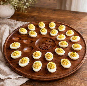 Bandeja redonda de madera para huevos rellenos, con 24 orificios, bandeja para servir huevos con diseño de gallo tallado. - Product Image 5