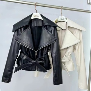 Women's PU <b>Leather</b> Moto <b>Jacket</b> Spread Collar Full Sleeve Zipper Closure Short Length Autumn Style - Product Image 1