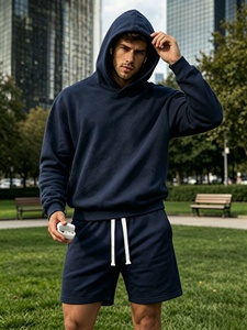 Ensemble sweat-shirt à capuche et short pour homme, bleu marine, décontracté, couleur unie, tissu French Terry, tenue d'été - Product Image 5