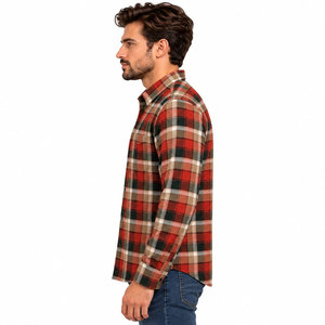 Men's Red <b>Black</b> Plaid Long Sleeve Flannel Shirt Comfortable Workwear <b>Button</b> Down Flannel Shirts - Product Image 4