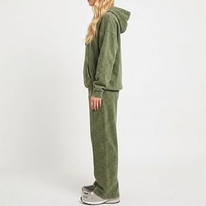 Conjunto de Sudadera con Capucha y Pantalones Jogger de Forro Polar Verde Oliva para Mujer, de Moda, Ajuste Holgado, Casual, de Dos Piezas, Manga Larga, Color Sólido - Product Image 2