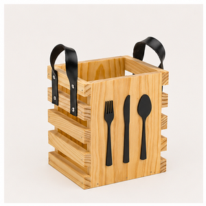 Eco-Friendly Bamboo Wooden Cutlery Holder With Leather Handles Portable 3-Compartment Utensil Caddy & Silverware Organizer - Product Image 3
