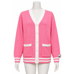 Cárdigan de punto para mujer, rosa y blanco, con cuello en V, manga larga, bolsillos, estilo preppy, largo regular, abotonado, venta al por mayor - Product Image 1