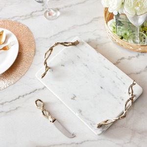 New Rectangular White Stone Tray With Tree Stem Designed Golden Handle For Table <b>Decoration</b> And Kitchen Use - Product Image 2