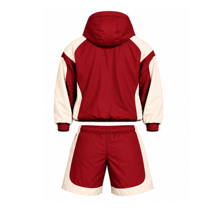 Mens Red Nylon Quarter Zip <b>Hoodie</b> Shorts Set Contrast Panel Lightweight Athletic <b>Running</b> Training Gym Casual Sportswear - Product Image 2